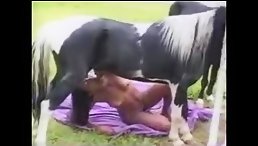 Ebony bitch slut fuck and eat horse cum