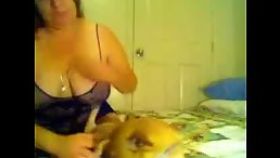 Chubby girl touching and fun with dog